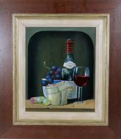 Peter A. Kotka Stiil Life with Wine & Cheese, Oil on Linen Panel, Signed lower right. 1995