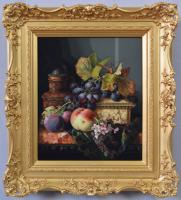 Still life oil painting of fruit with a ewer & casket by Ellen Ladell
