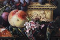 Still life oil painting of fruit with a ewer & casket by Ellen Ladell