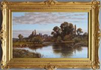 Landscape oil painting of a church by the River Thames by Alfred Augustus Glendening Snr