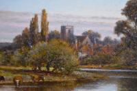 Landscape oil painting of a church by the River Thames by Alfred Augustus Glendening Snr