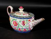 Outstanding Molded Painted Botanical Pearlware Teapot & Cover, Possibly Robert Wilson, Circa 1795