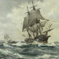 ‘The Ark and the Dove off the Scillies with Lord Baltimore aboard’ by Montague Dawson