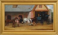 Oil painting of horses & grooms outside a coach house by Henry Barraud