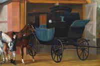 Oil painting of horses & grooms outside a coach house by Henry Barraud