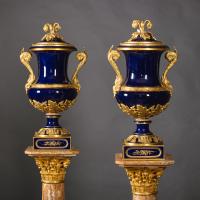 An Important Pair of Sèvres Style Gilt-Bronze Mounted Cobalt Blue Porcelain Vases