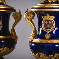 Napoleon III Sèvres Style Gilt-Bronze Mounted Cobalt Blue Porcelain Vases With Arms for the Royal House of Bourbon