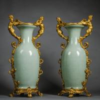 Pair of Large Chinese Celadon-Ground Porcelain Vases