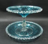 Crystal glass tazza and underdish with teal coloured trail, circa 1880