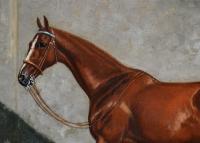 Sporting horse portrait oil painting of a chestnut hackney gelding in a stable yard by Frederick Albert Clark