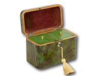 Overview of the Green Tortoiseshell Tea Caddy with the lid up and key inserted