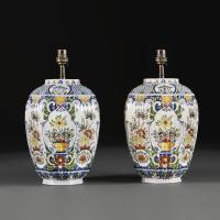 A Large Pair of Polychrome Delft Vases As Lamps