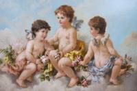 Genre oil painting of cherubs with flowers by Charles Augustus Henry Lutyens