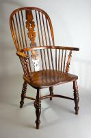 Handsome Large Scale High Back Windsor  With Decorative Baluster Splatm, Saddled Seat and Boldly Turned Legs Richly Patinated Yew, Elm and Indigenous Timbers  English, Midlands, c.1860