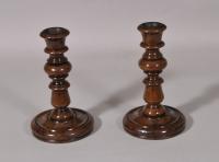 S/5955 Antique Treen Pair of 19th Century Yew Wood Candlesticks
