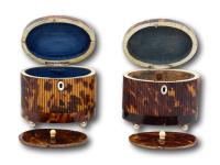 Overview of the two tortoiseshell tea caddies with the lids up and caddy lids removed