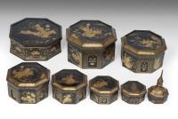 Chinese Export Black Lacquer and Gilt Pagoda with original silk-lined leather case