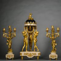 Louis XVI Style Gilt and Patinated Bronze and Marble Clock Garniture