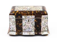 Overview of the tortoiseshell and mother of pearl tea caddy 