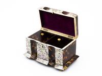 Front of the tortoiseshell and mother of pearl tea caddy with the lid up
