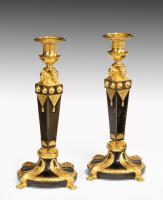 Pair of French Neo-Egyptian Bronze and Ormolu Candlesticks