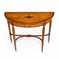 Pair of Sheraton period West Indian satinwood demi lune console tables