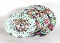 Chinese Export Porcelain Pseudo Tobacco Leaf Large Dish and Drainer, Circa 1765-75