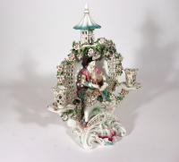 English Porcelain Arbor Musician Candelabrum, Chelsea Derby or Derby, Circa 1770