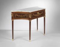 A Louis XVI Ormolu Mounted Tulipwood, Amaranth, and Marquetry Console Table Attributed to Charles Topino. Circa 1775