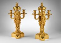 A Pair of Louis XVI Ormolu Three Light Candelabra with a Brule Perfume Vase Attributed to Jean-Louis Prieur.  Circa 1765