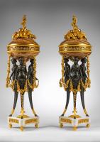 A Pair of Louis XVI Ormolu-mounted, Patinated Bronze and Alabastro Fiorito Brule-Parfums. Circa 1785-90