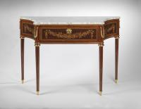 A Louis XVI Ormolu Mounted Tulipwood, Amaranth, and Marquetry Console Table Attributed to Charles Topino. Circa 1775