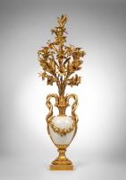A Pair of Louis XVI Gilt Bronze and White Marble Five Light Candelabra. Circa 1780