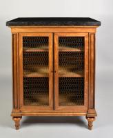A pair of Regency satinwood cabinets with original chicken wire grills and Belgian fossil tops, c.1810