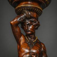 Italian Carved Walnut and Parcel Gilt Figural Torchères by Angiolo Barbetti, (1805-1873)
