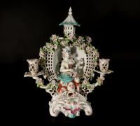 English Porcelain Arbor Musician Candelabrum, Derby Porcelain, William Duesbury,  Circa 1765-70
