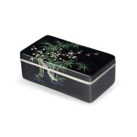 A Meiji period cloisonné box and cover with sparrows, prunus and bamboo