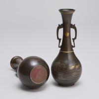 An attractive pair of inlaid Japanese Bronze bottle vases with Koi Carp decoration (Circa 1880)