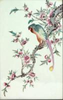 Chinese Porcelain Framed Famille Rose Plaque of Long Tailed Hawk on a Rose Tree Branch