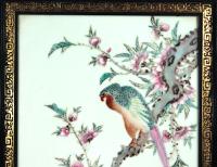 Chinese Porcelain Framed Famille Rose Plaque of Long Tailed Hawk on a Rose Tree Branch