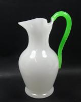 White glass champagne jug with jade glass handle and pair of goblets en-suite, Baccarat, France circa 1860