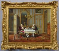 Historical genre oil painting of two gentlemen playing a game of cards by Marcel Brunery