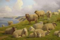 Landscape animal oil painting of sheep on a clifftop near Herne Bay, Kent by William Sidney Cooper