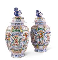 Delft Polychrome Lidded Vases and Covers