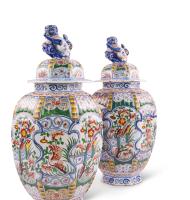 Delft Polychrome Lidded Vases and Covers