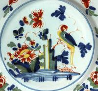 Delftware Polychrome Chinoiserie Plates decorated with Parrots, Lambeth, London, Circa 1765, A Pair
