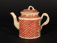 English Creamware Pottery Teapot and Cover with Rare Fish Scale Design